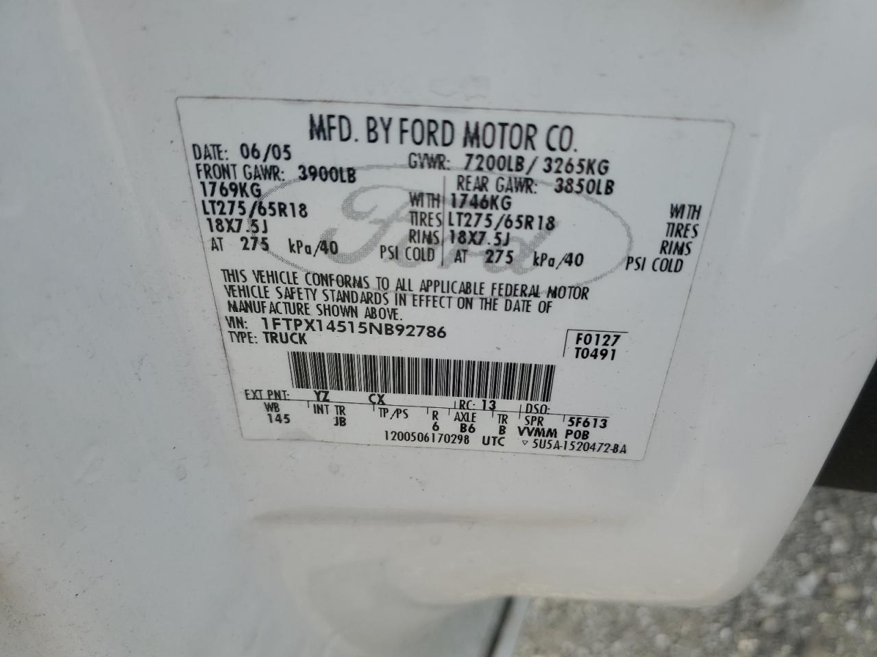 2005 Ford F150 VIN: 1FTPX14515NB92786 Lot: 81129865