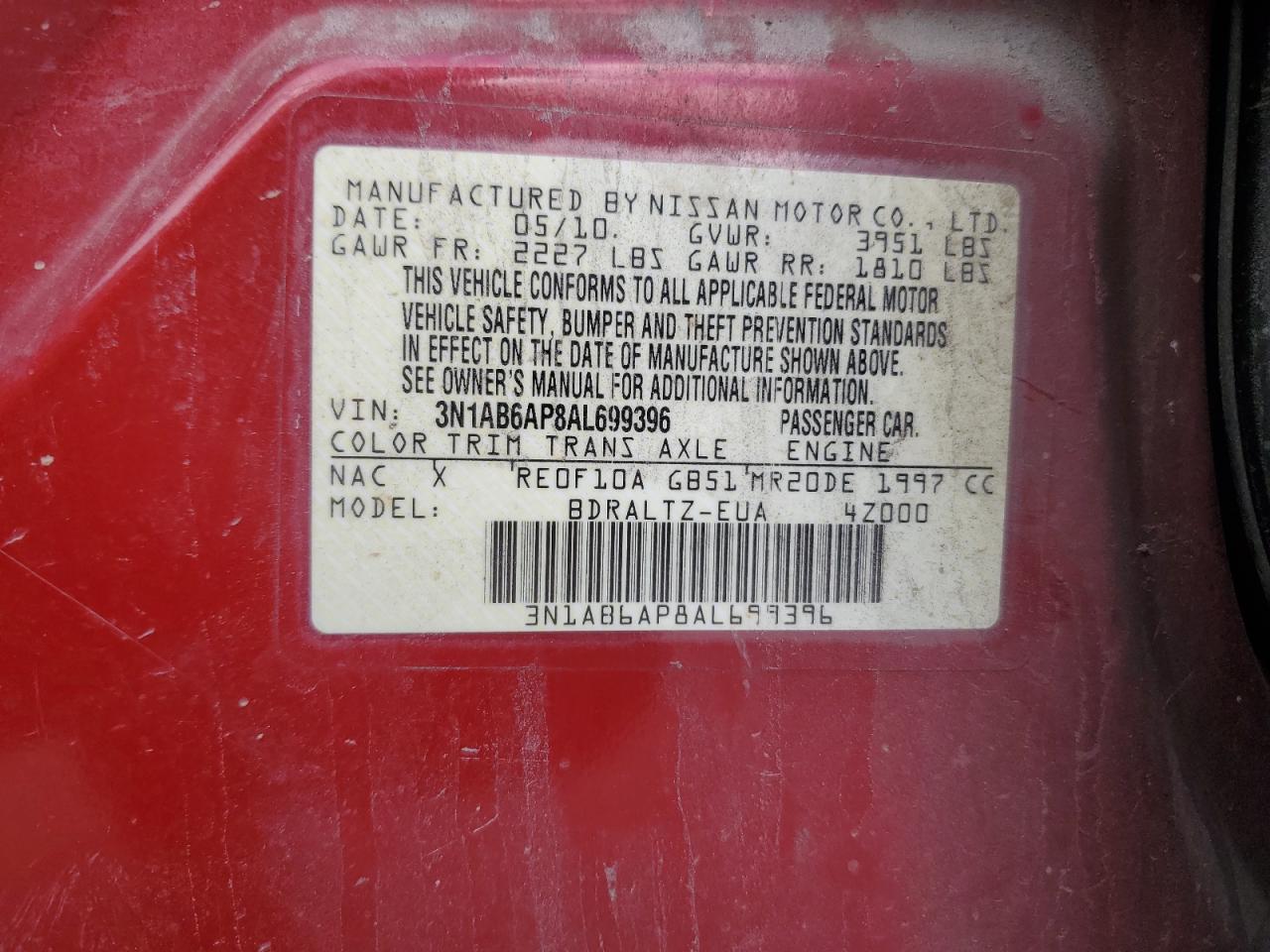 2010 Nissan Sentra 2.0 VIN: 3N1AB6AP8AL699396 Lot: 81801525