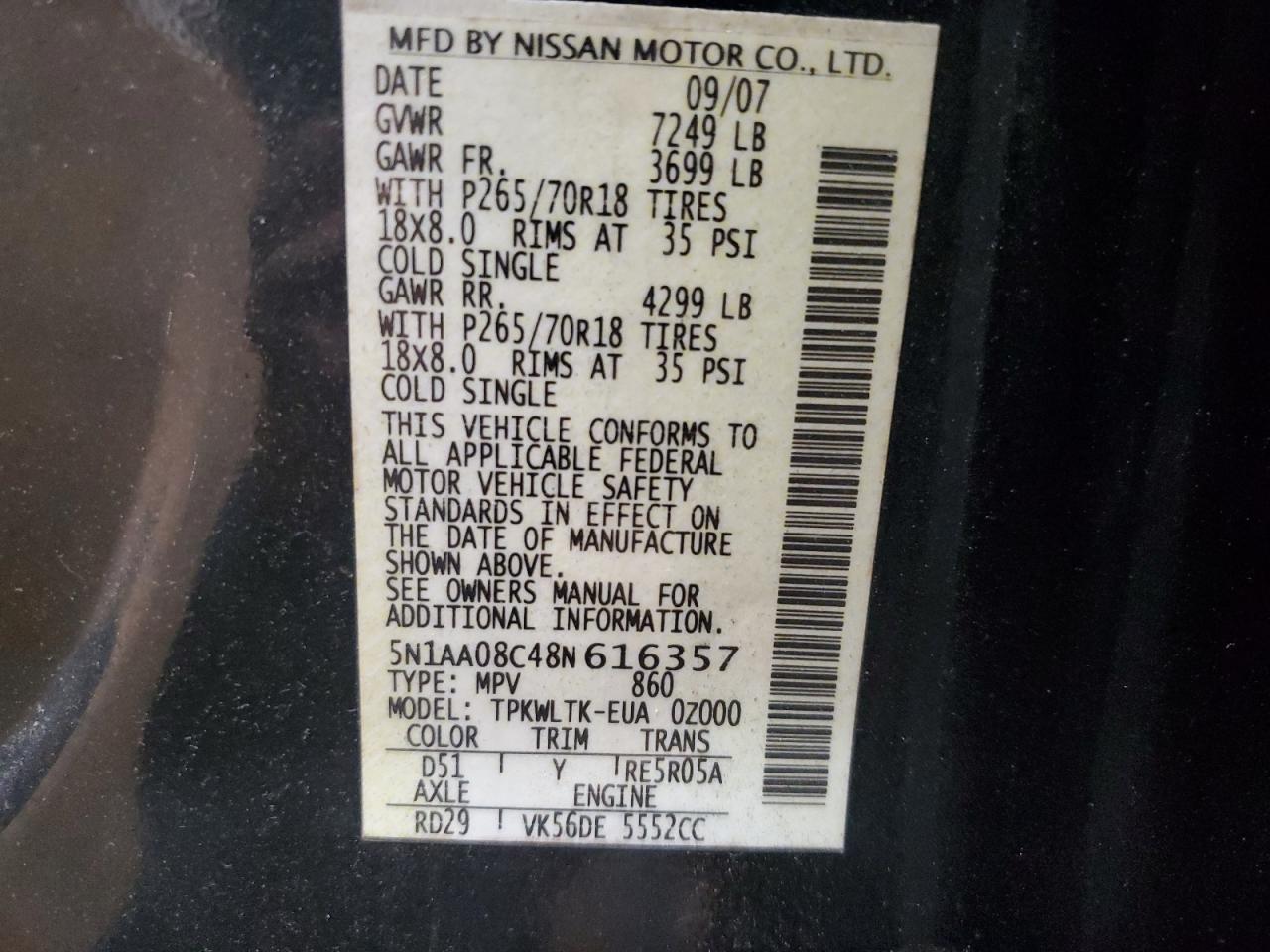 2008 Nissan Armada Se VIN: 5N1AA08C48N616357 Lot: 81055605
