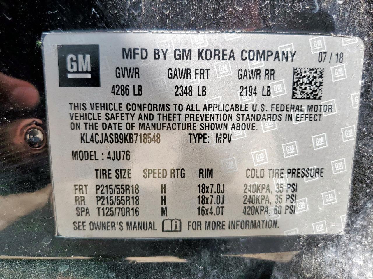 2019 Buick Encore Preferred VIN: KL4CJASB9KB718548 Lot: 82150885