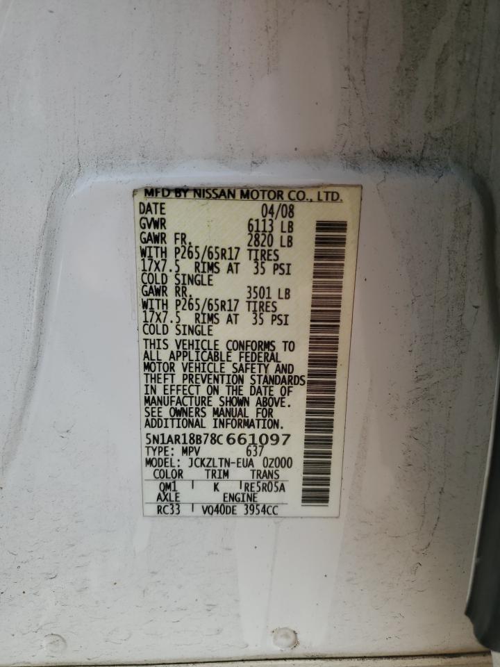 2008 Nissan Pathfinder S VIN: 5N1AR18B78C661097 Lot: 80080865