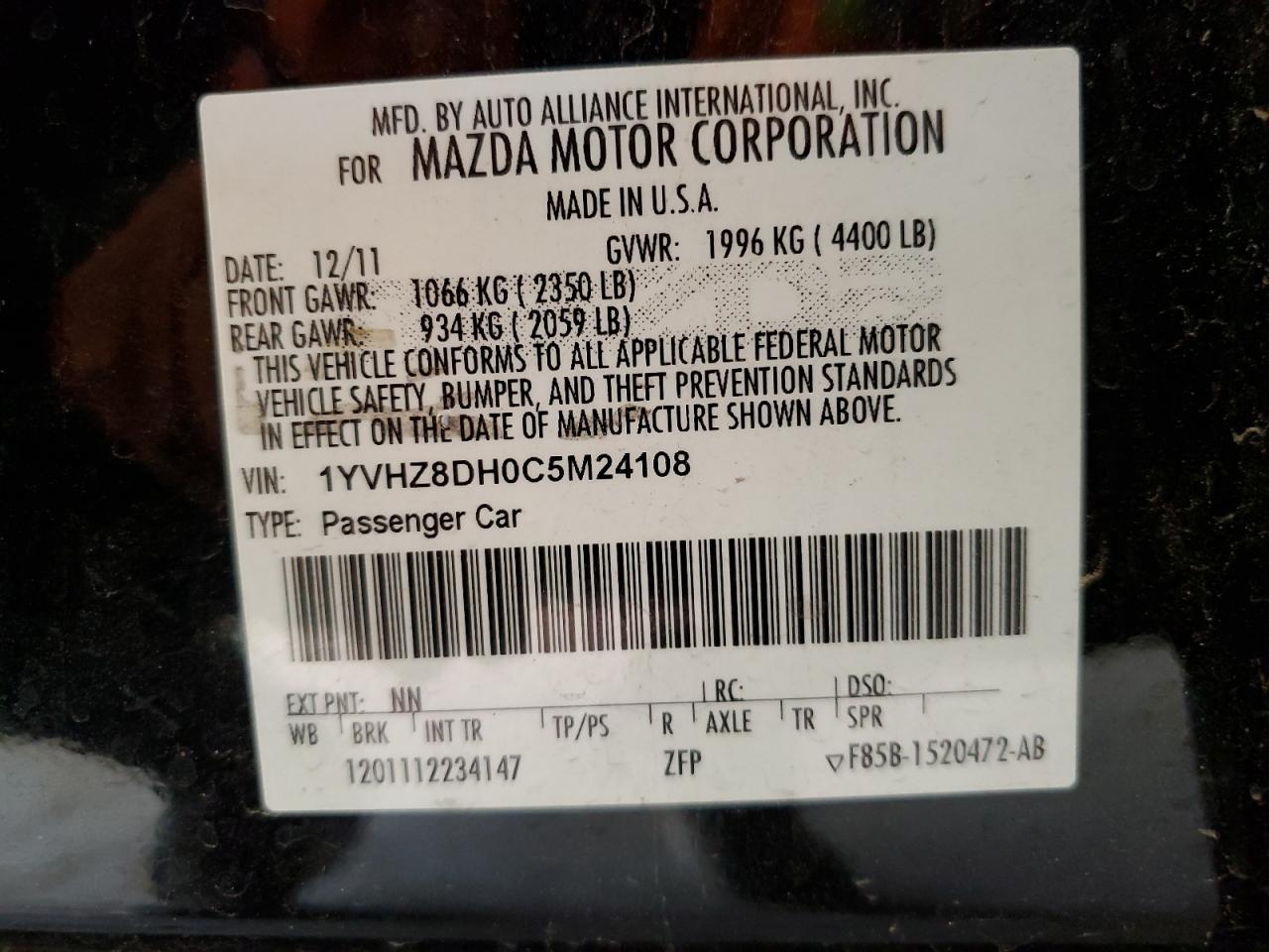 2012 Mazda 6 I VIN: 1YVHZ8DH0C5M24108 Lot: 81051525