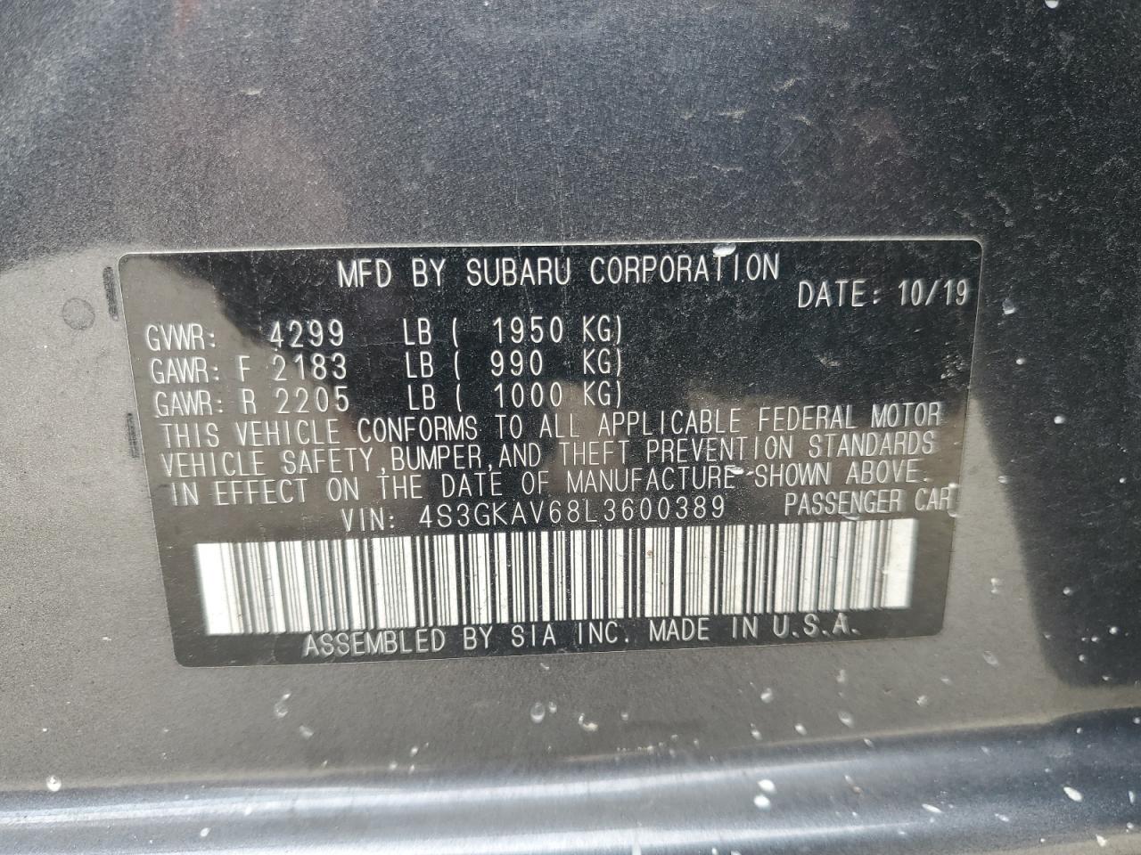 2020 Subaru Impreza Premium VIN: 4S3GKAV68L3600389 Lot: 84540555