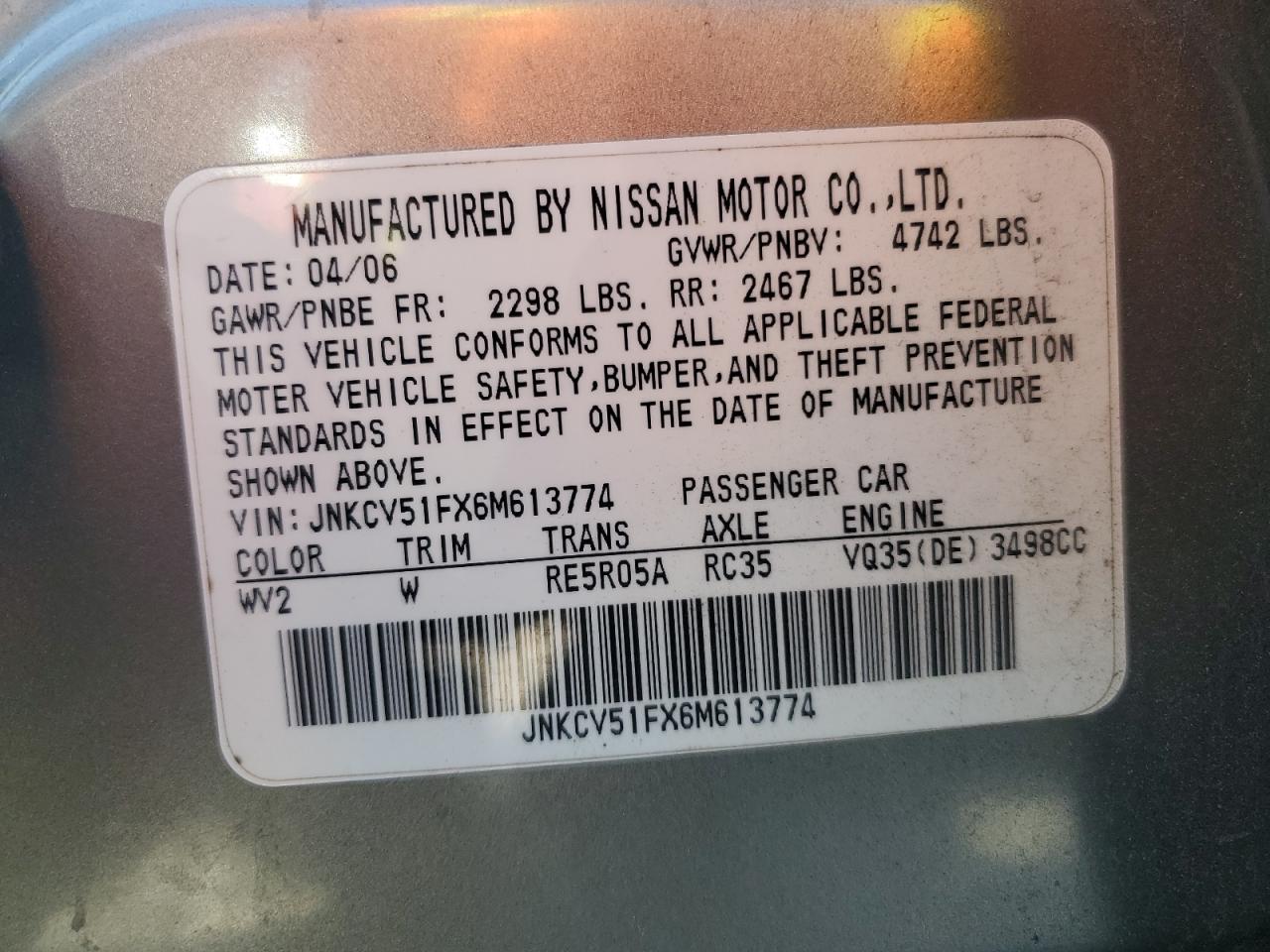 2006 Infiniti G35 VIN: JNKCV51FX6M613774 Lot: 71952975