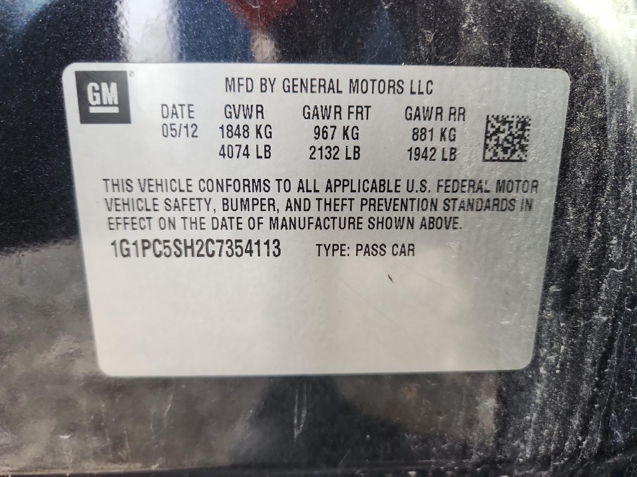 2012 Chevrolet Cruze Ls VIN: 1G1PC5SH2C7354113 Lot: 83870565