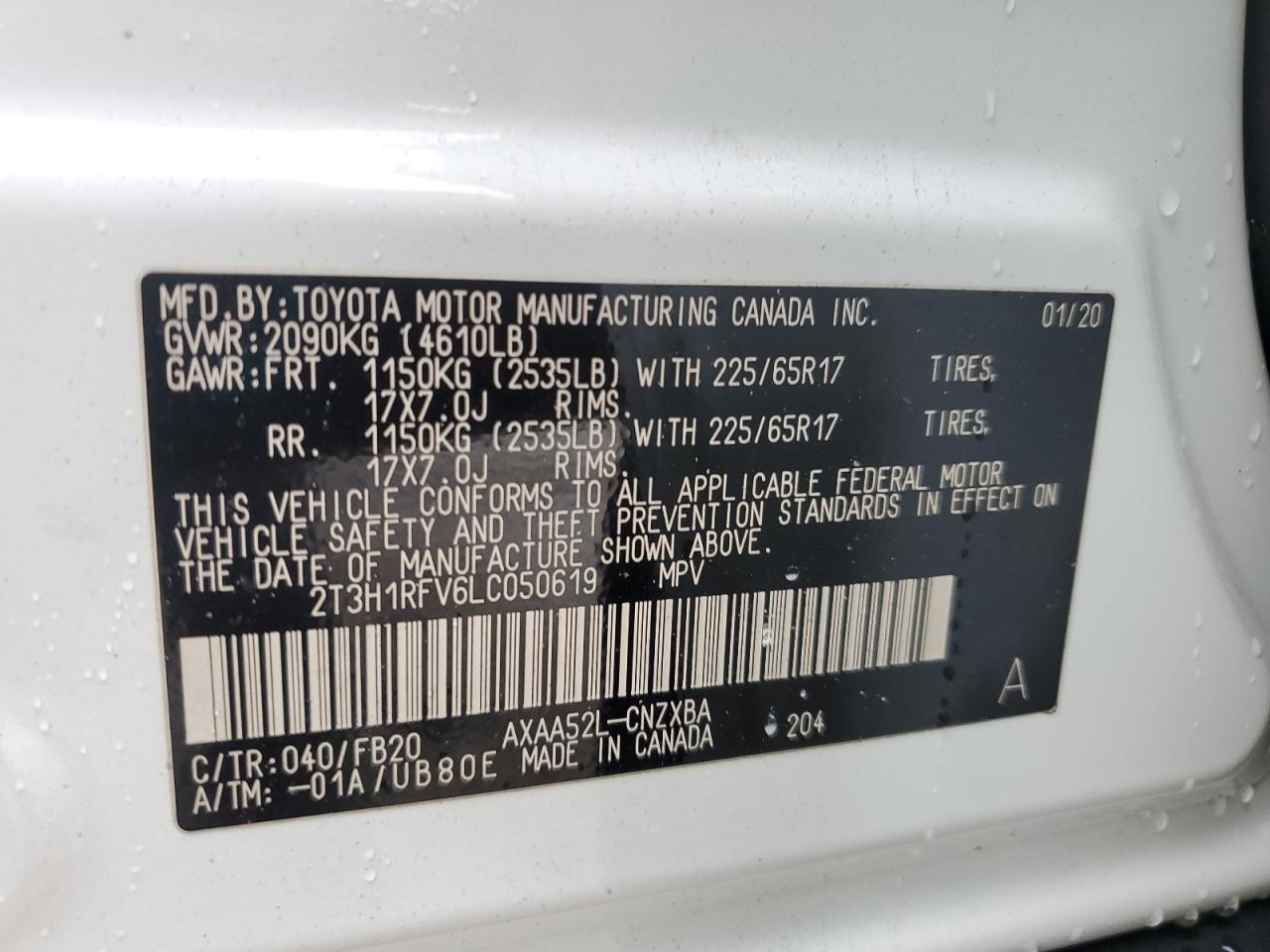 2020 Toyota Rav4 Le VIN: 2T3H1RFV6LC050619 Lot: 80331255