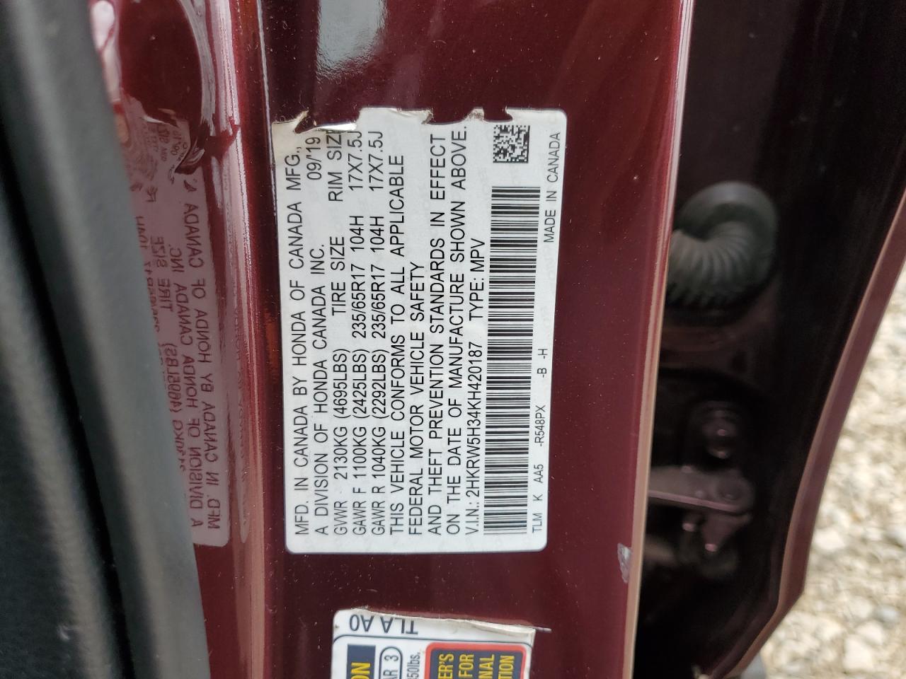 2019 Honda Cr-V Lx VIN: 2HKRW5H34KH420187 Lot: 80411415