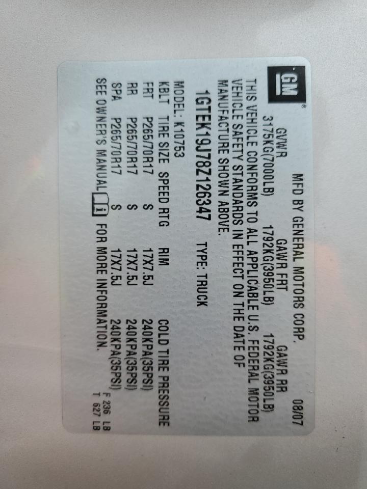 2008 GMC Sierra K1500 VIN: 1GTEK19J78Z126347 Lot: 83988505