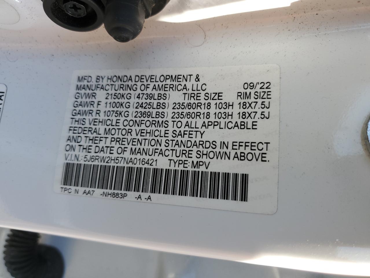 2022 Honda Cr-V Ex VIN: 5J6RW2H57NA016421 Lot: 84931695