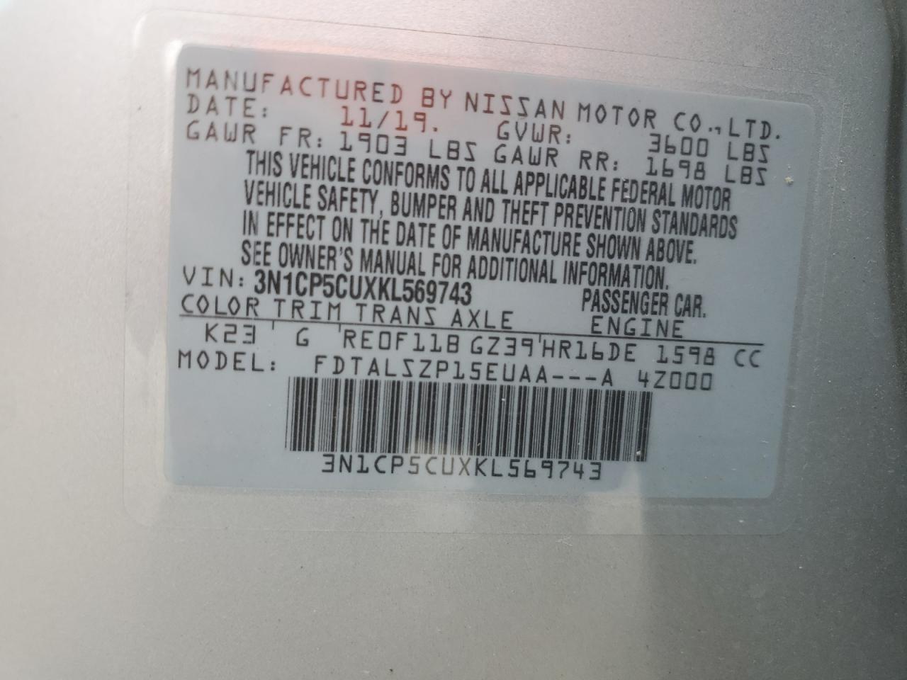 2019 Nissan Kicks S VIN: 3N1CP5CUXKL569743 Lot: 83779065