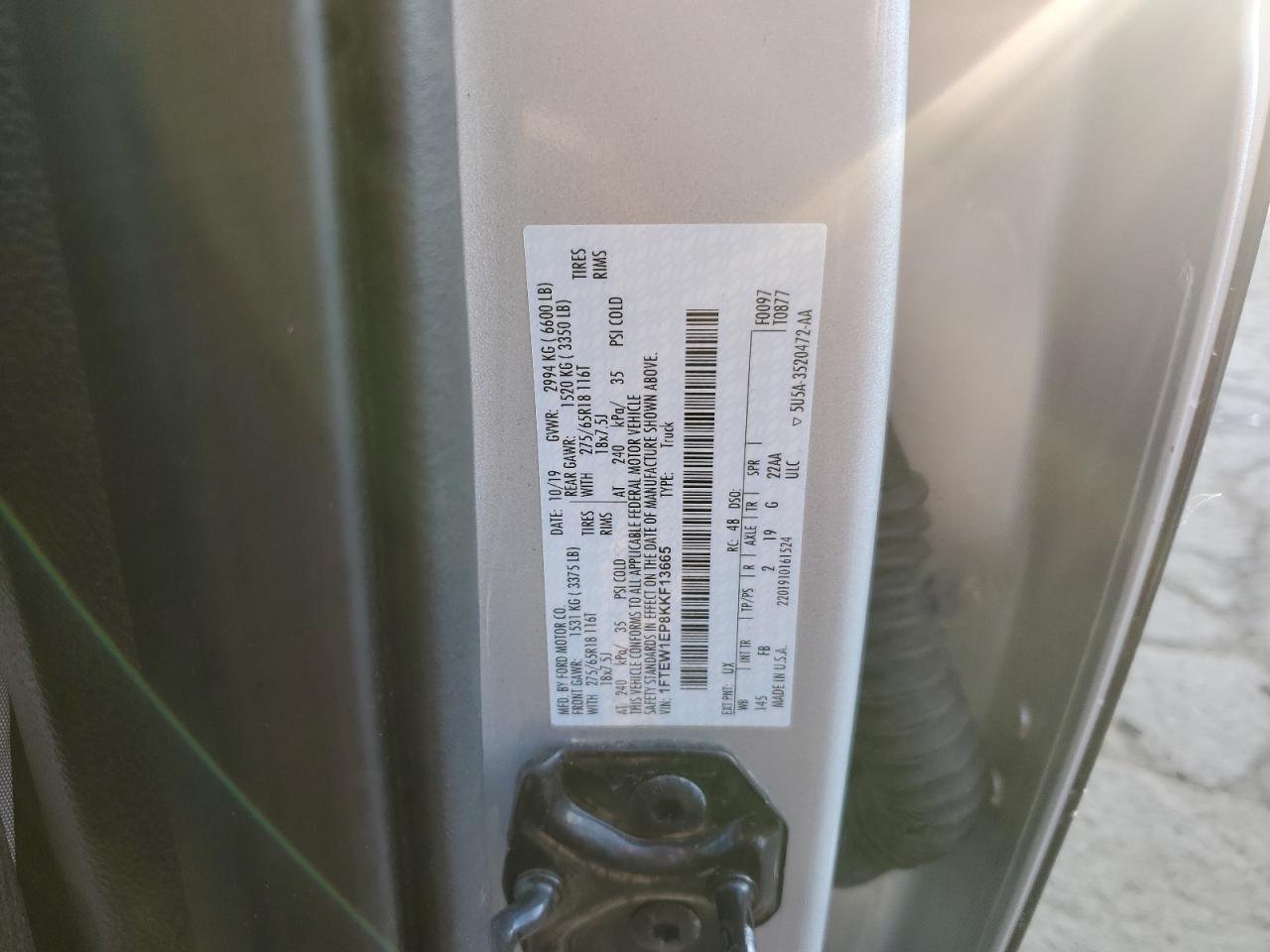 2019 Ford F150 Supercrew VIN: 1FTEW1EP8KKF13665 Lot: 71302065