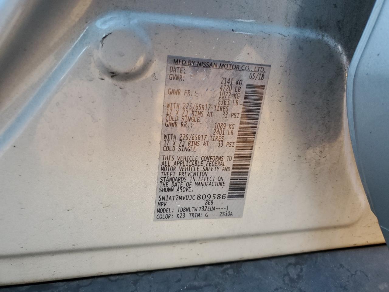 2018 Nissan Rogue S VIN: 5N1AT2MV0JC809586 Lot: 84281855