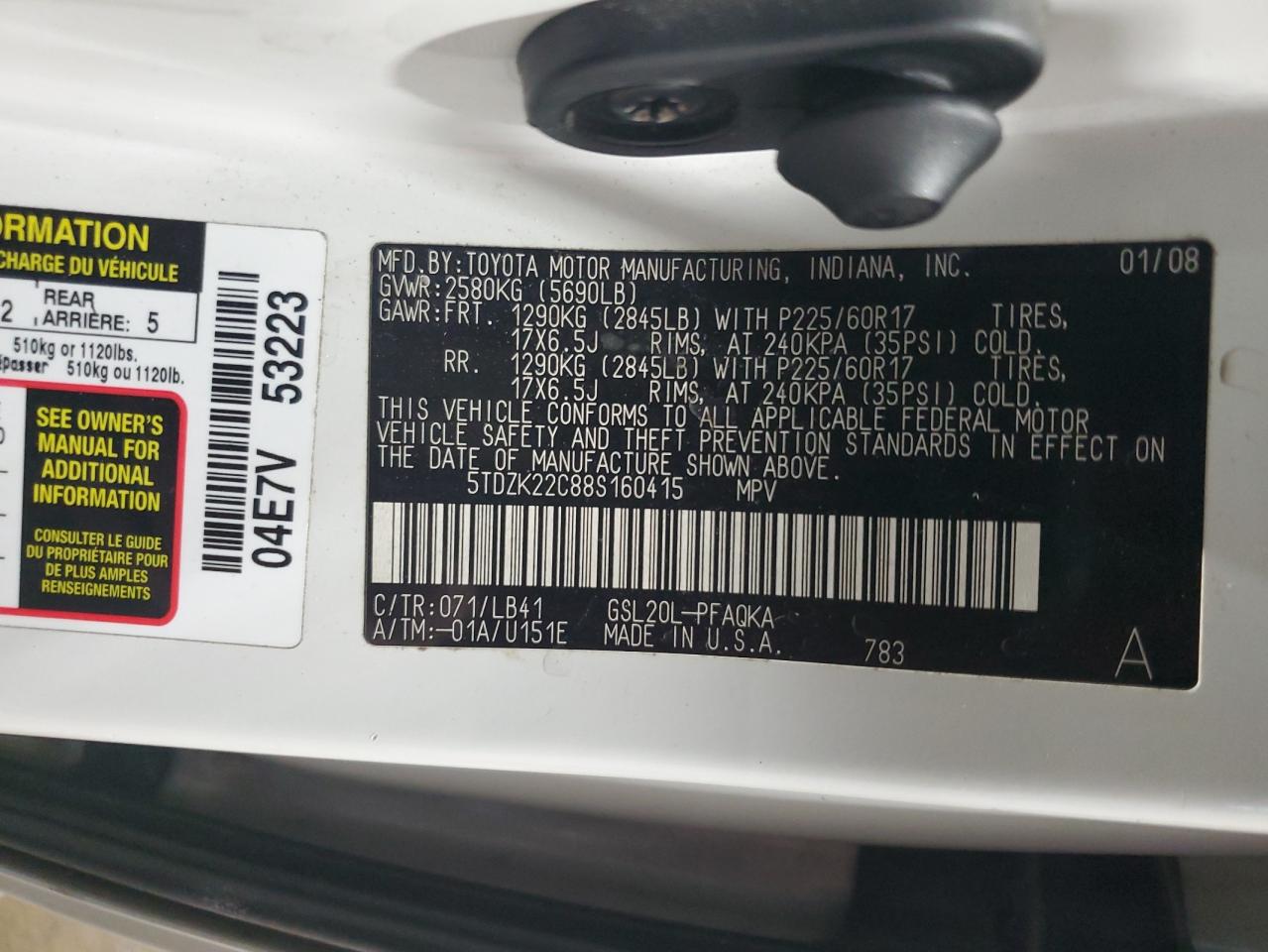 2008 Toyota Sienna Xle VIN: 5TDZK22C88S160415 Lot: 81640795