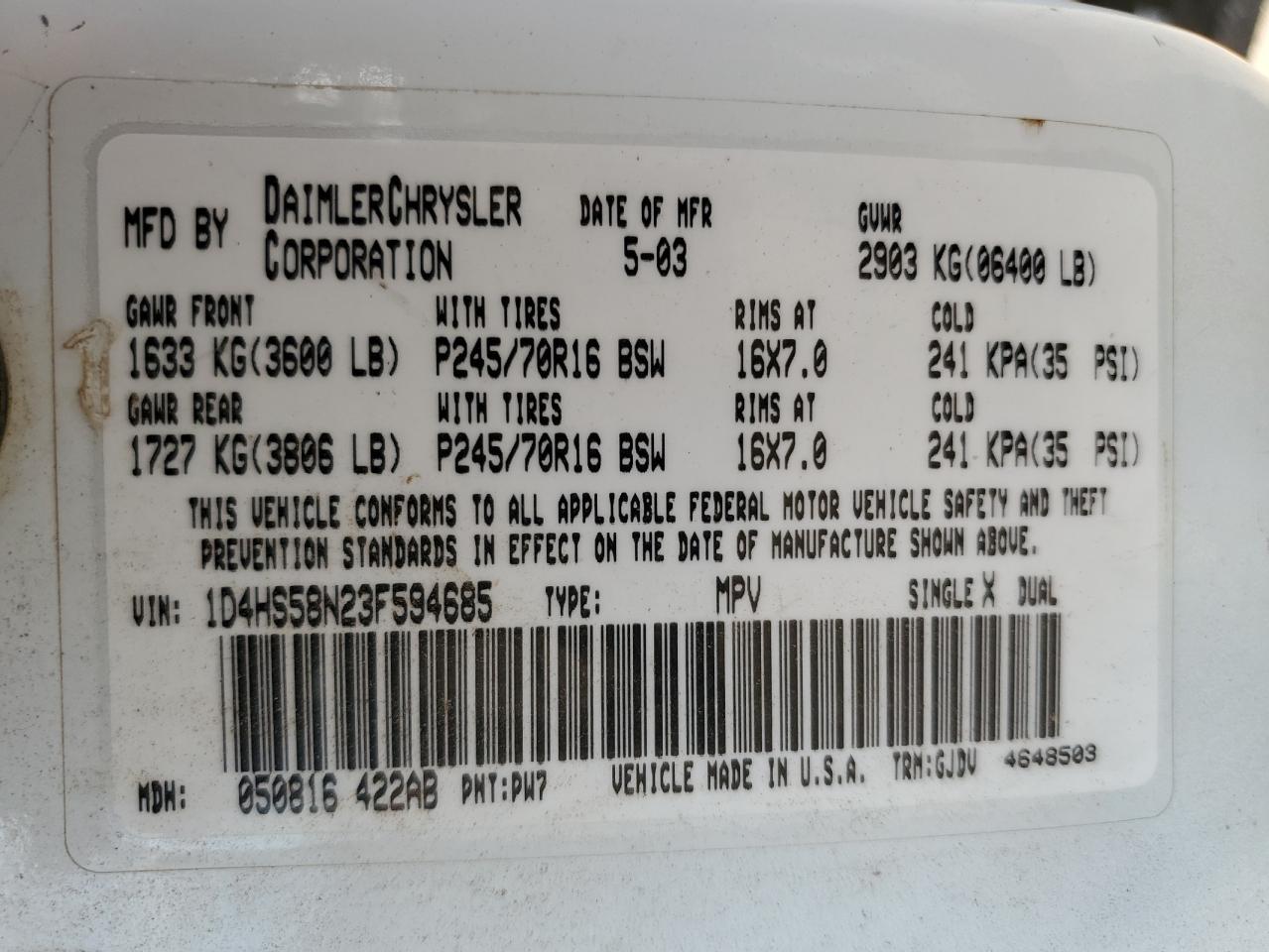 2003 Dodge Durango Slt Plus VIN: 1D4HS58N23F594685 Lot: 81775725