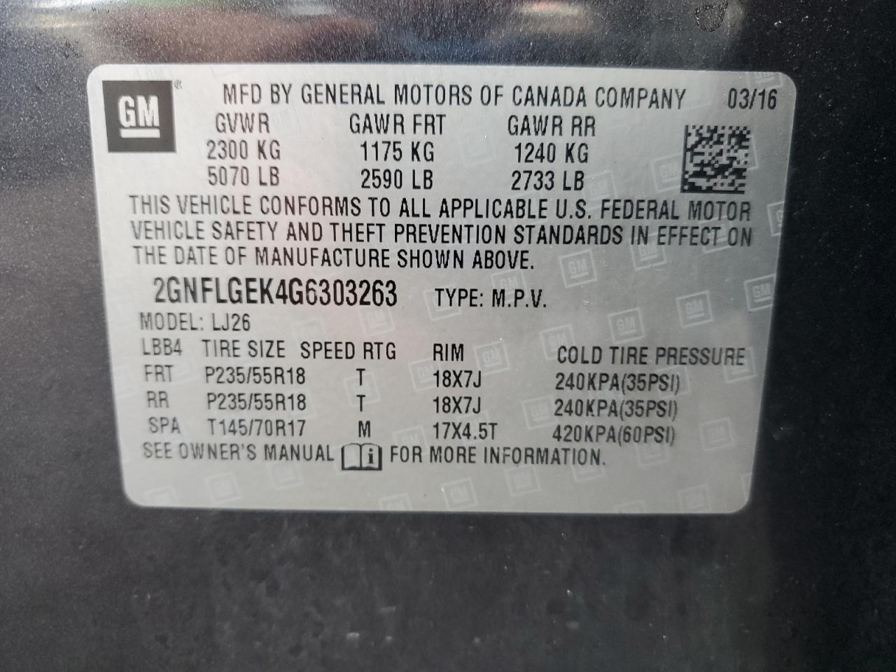 2016 Chevrolet Equinox Ltz VIN: 2GNFLGEK4G6303263 Lot: 81515955