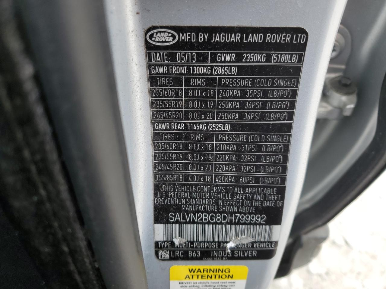 2013 Land Rover Range Rover Evoque Pure VIN: SALVN2BG8DH799992 Lot: 84036485