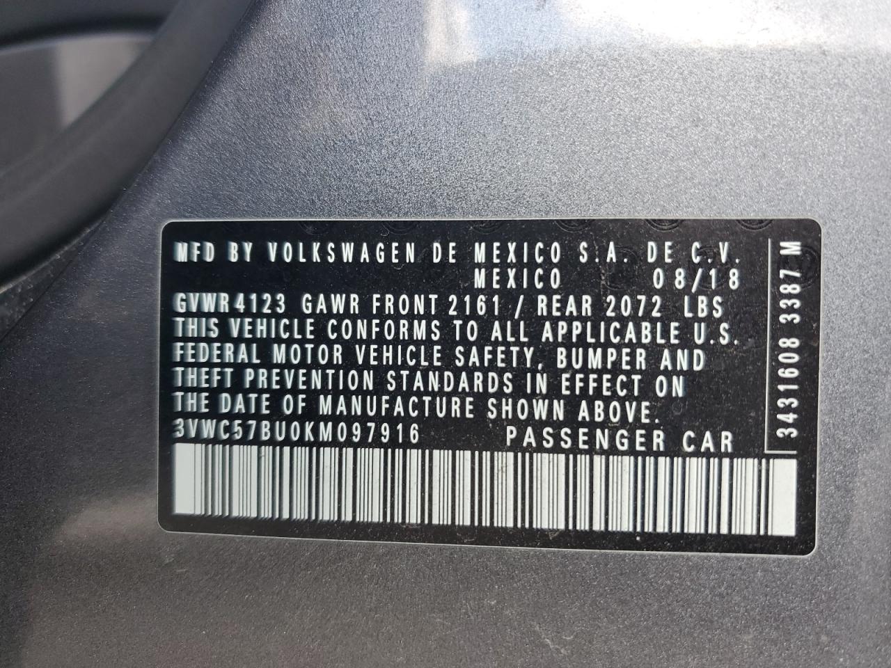 2019 Volkswagen Jetta S VIN: 3VWC57BU0KM097916 Lot: 83867455