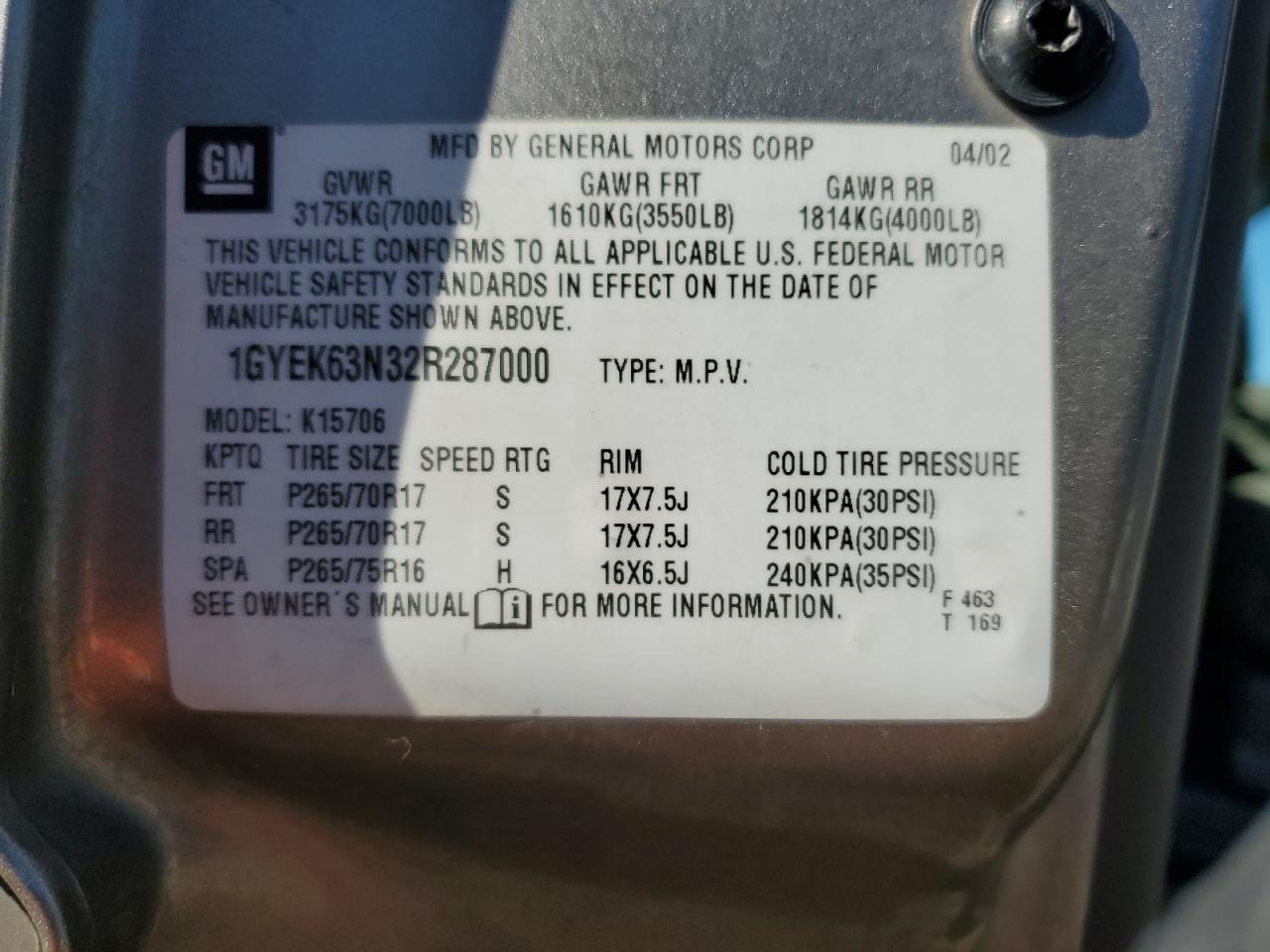 2002 Cadillac Escalade Luxury VIN: 1GYEK63N32R287000 Lot: 81931135