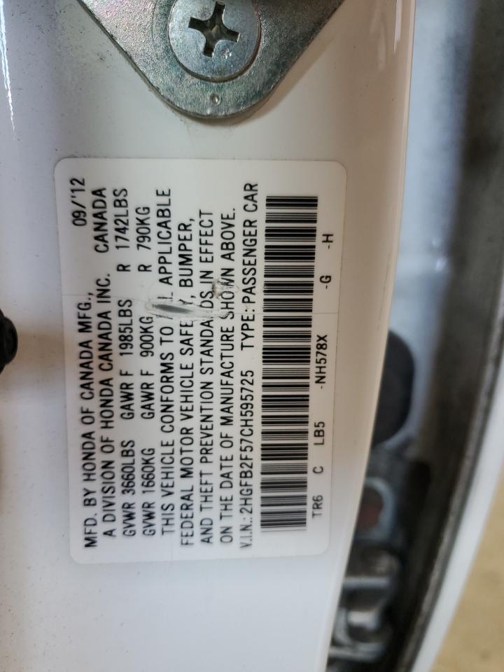 2012 Honda Civic Lx VIN: 2HGFB2F57CH595725 Lot: 70842205