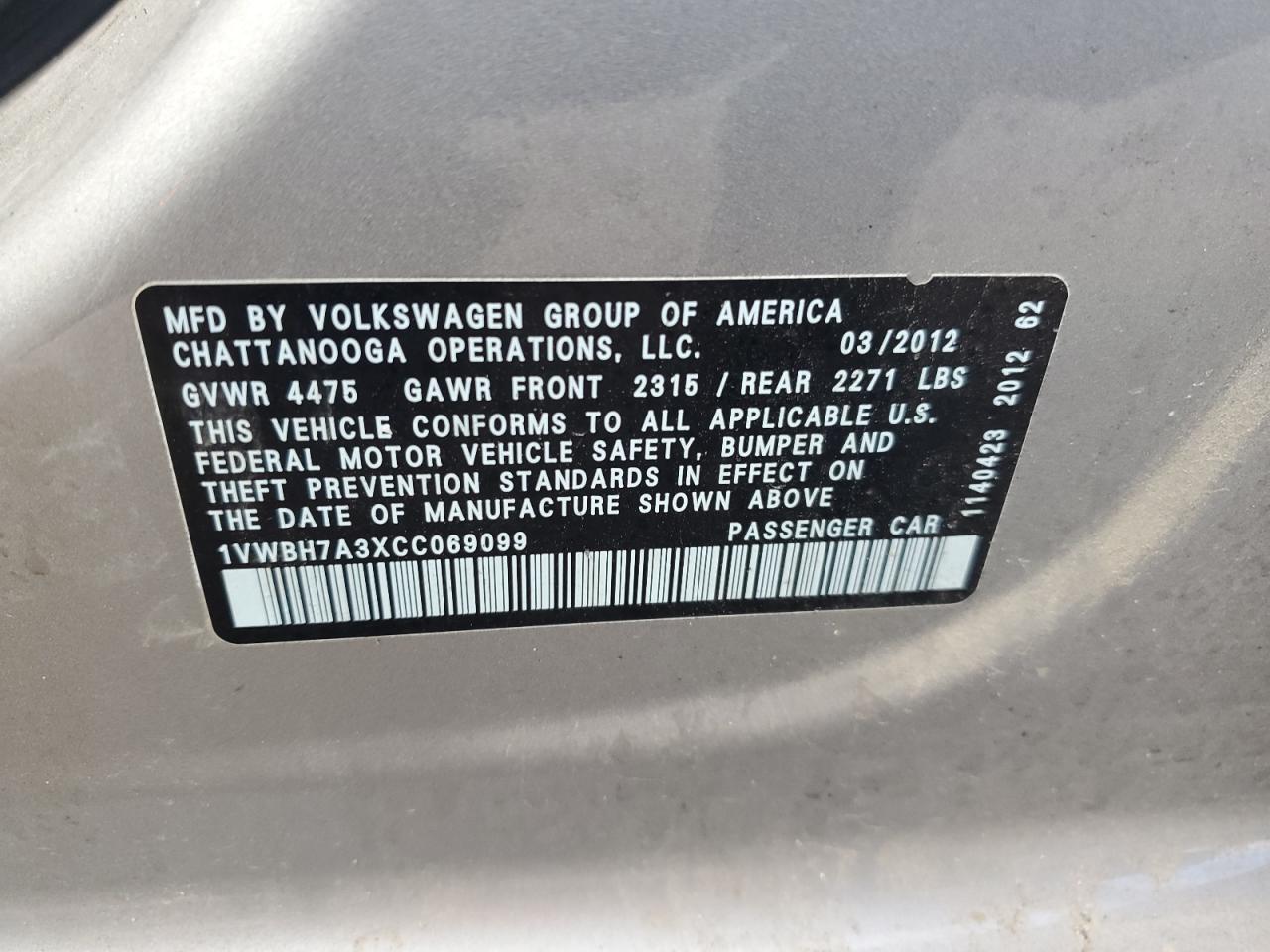 2012 Volkswagen Passat Se VIN: 1VWBH7A3XCC069099 Lot: 71998365