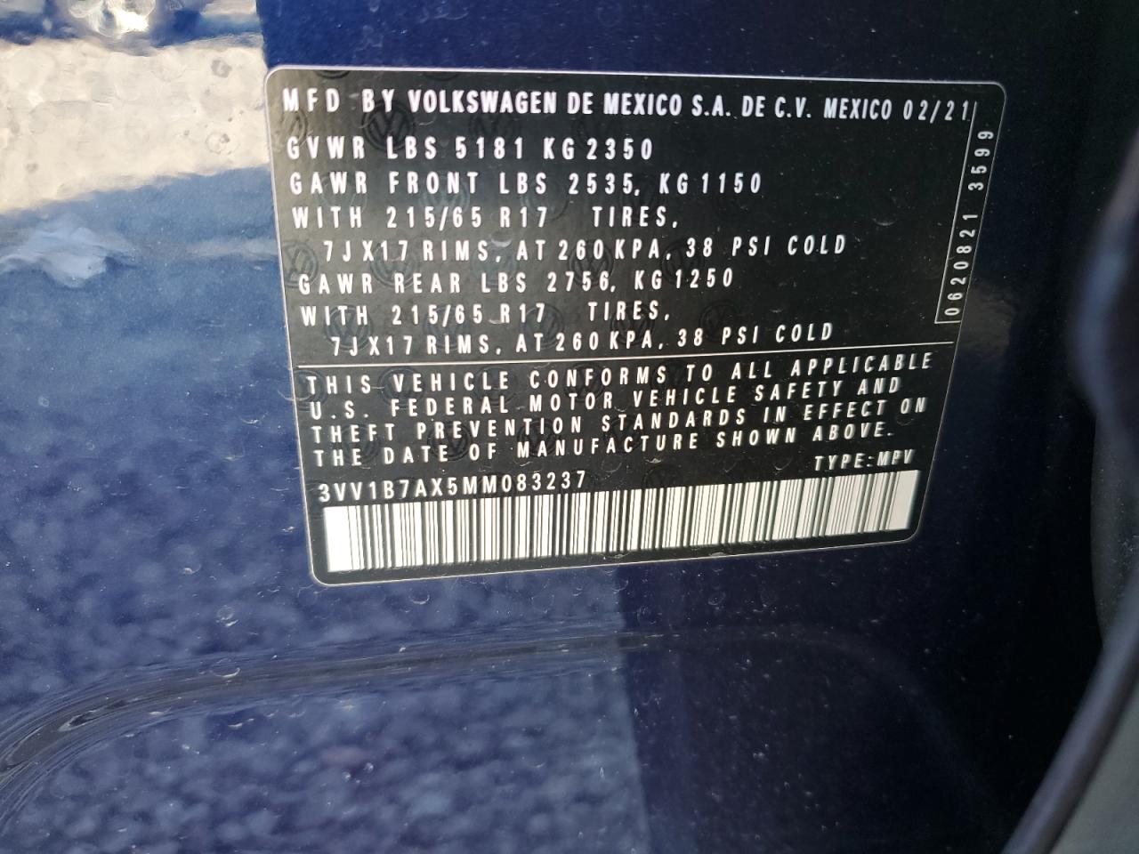 2021 Volkswagen Tiguan S VIN: 3VV1B7AX5MM083237 Lot: 81623765