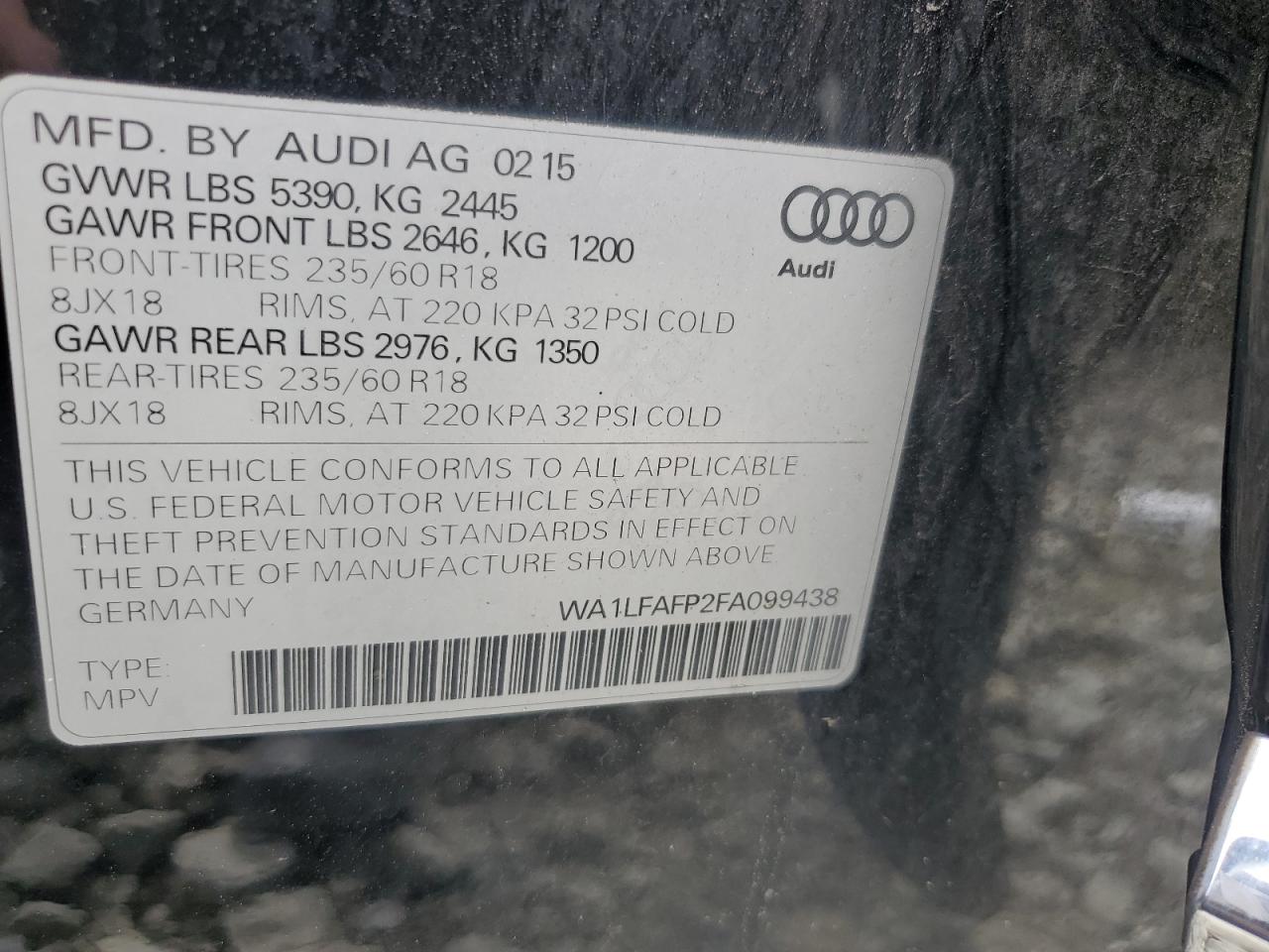 2015 Audi Q5 Premium Plus VIN: WA1LFAFP2FA099438 Lot: 81367655