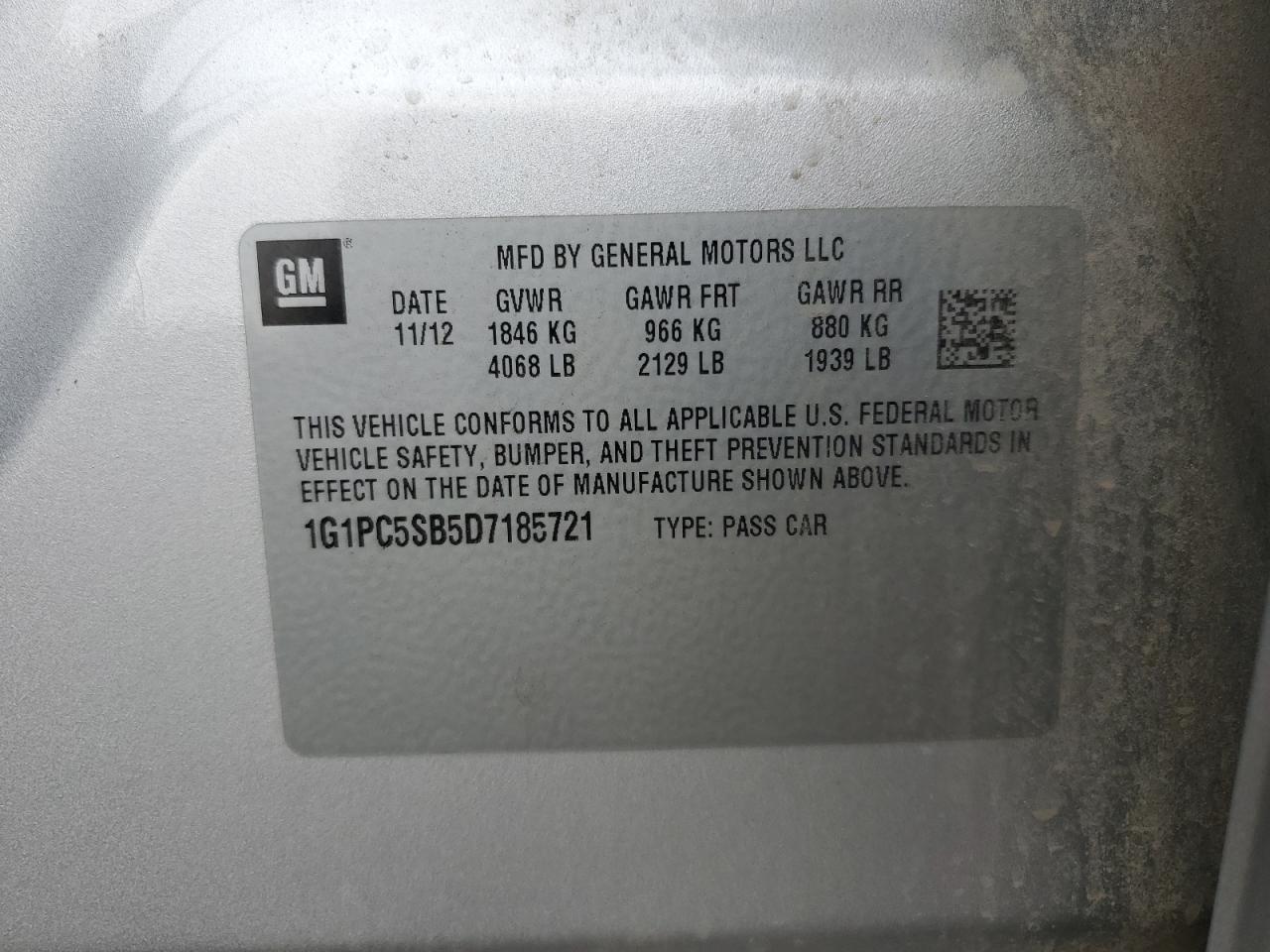 2013 Chevrolet Cruze Lt VIN: 1G1PC5SB5D7185721 Lot: 80085965