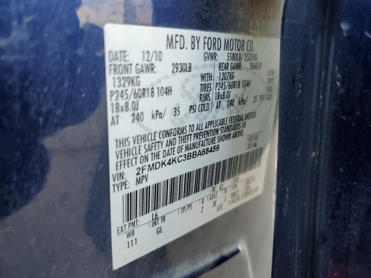 2011 Ford Edge Limited VIN: 2FMDK4KC3BBA68459 Lot: 71539945