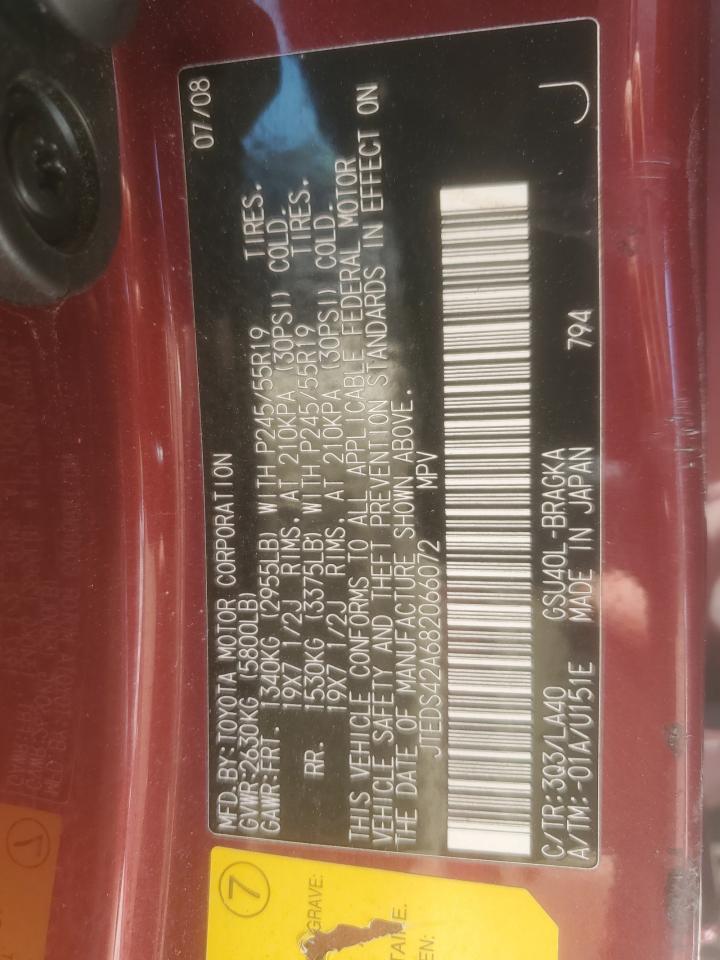 2008 Toyota Highlander Limited VIN: JTEDS42A682066072 Lot: 80912015