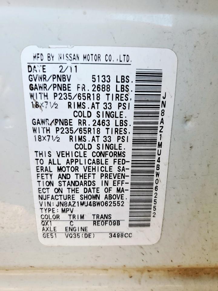 2011 Nissan Murano S VIN: JN8AZ1MU4BW062552 Lot: 71929735