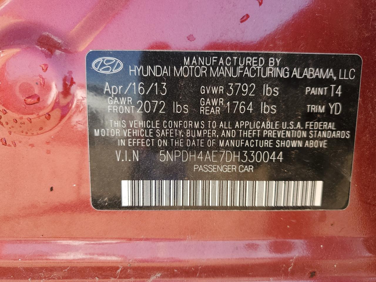 2013 Hyundai Elantra Gls VIN: 5NPDH4AE7DH330044 Lot: 70101995