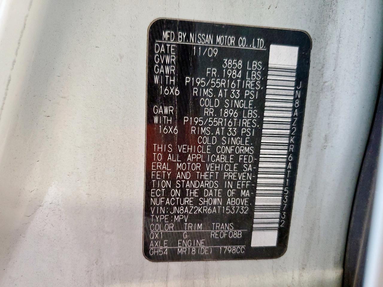 2010 Nissan Cube Base VIN: JN8AZ2KR6AT153732 Lot: 81566385