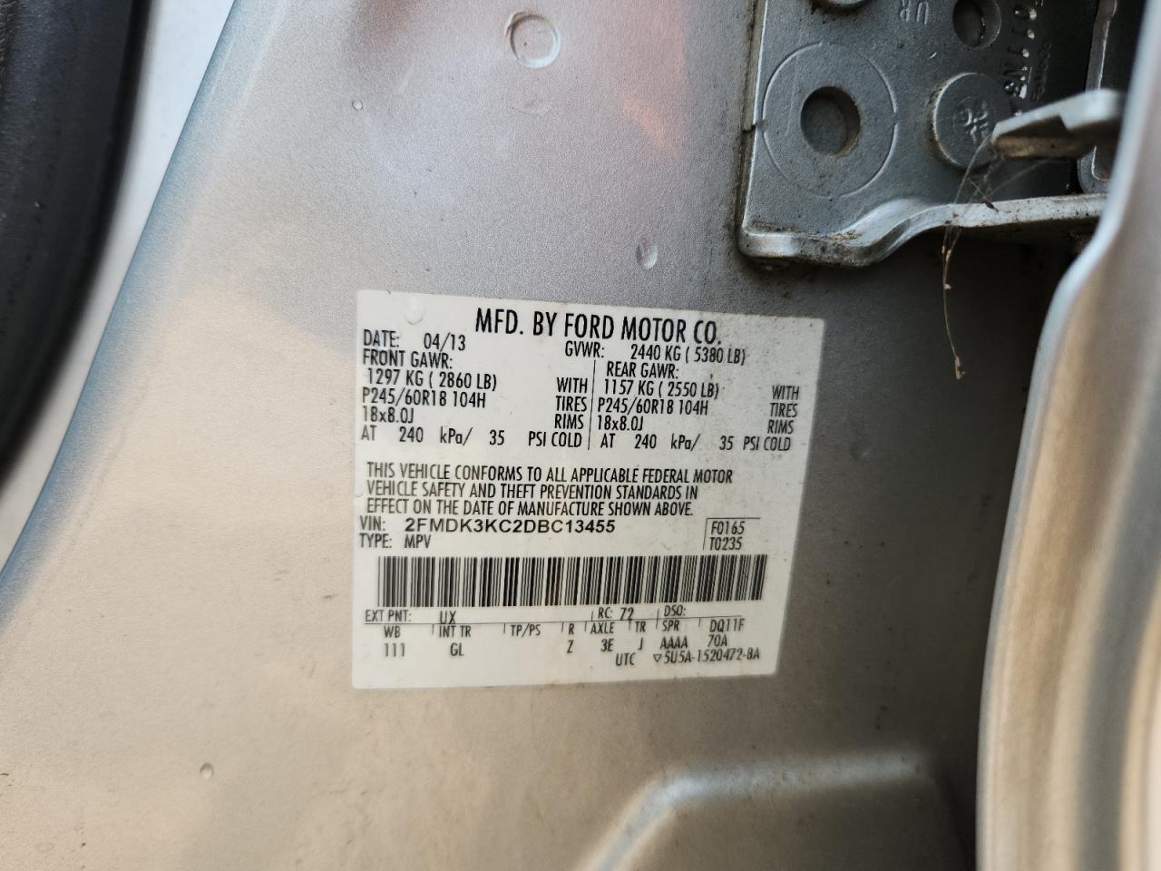 2013 Ford Edge Limited VIN: 2FMDK3KC2DBC13455 Lot: 71624215