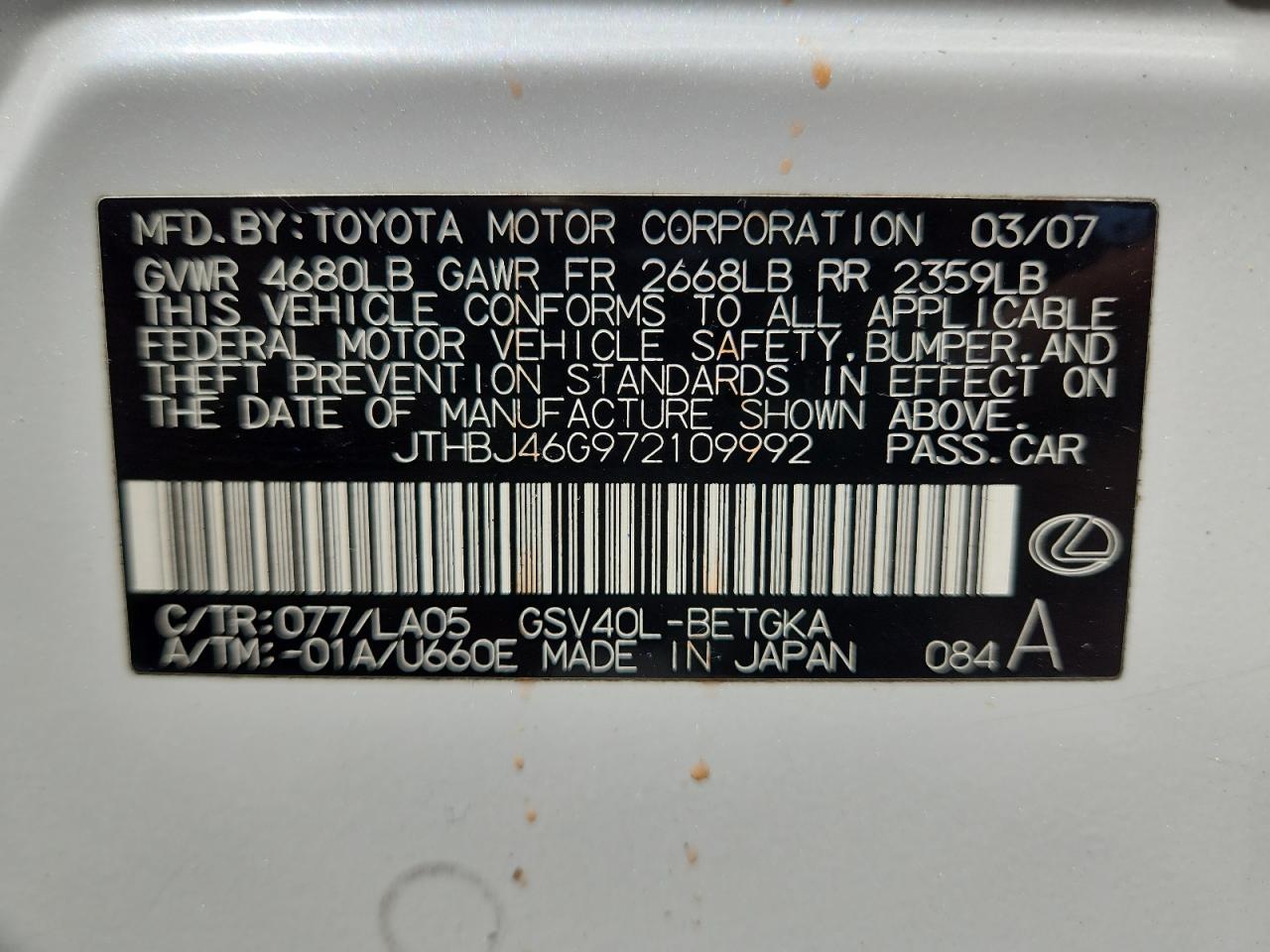 2007 Lexus Es 350 VIN: JTHBJ46G972109992 Lot: 71417185