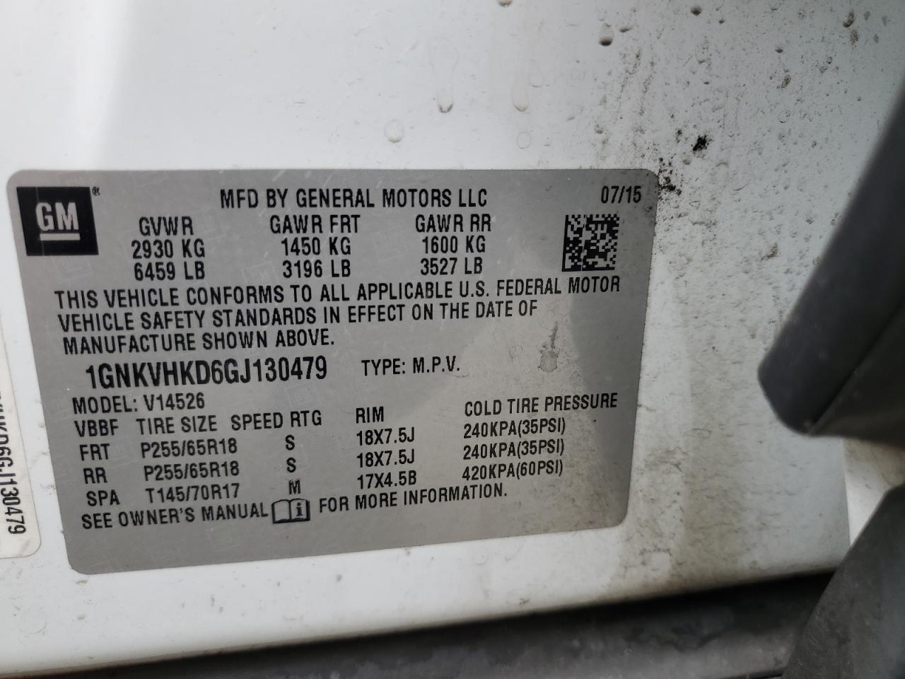 2016 Chevrolet Traverse Lt VIN: 1GNKVHKD6GJ130479 Lot: 81419715