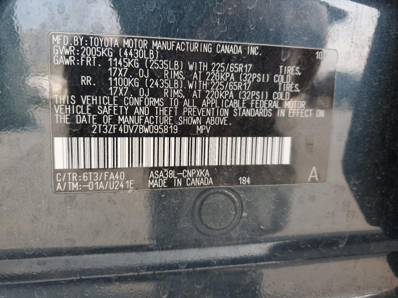 2011 Toyota Rav4 VIN: 2T3ZF4DV7BW095819 Lot: 71629395