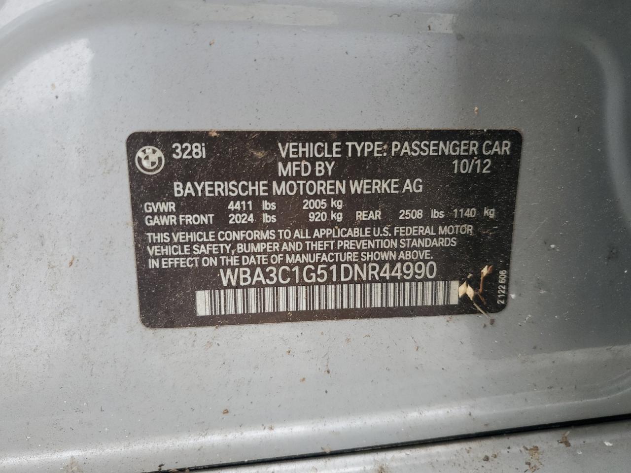 2013 BMW 328 I Sulev VIN: WBA3C1G51DNR44990 Lot: 84004395