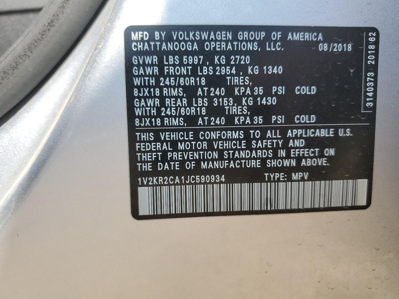 2018 Volkswagen Atlas Se VIN: 1V2KR2CA1JC590934 Lot: 71911045