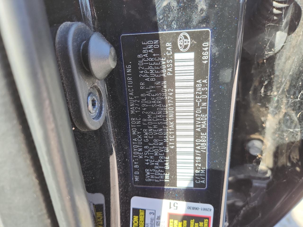 2022 Toyota Camry Le VIN: 4T1C11AK1NU017742 Lot: 81109795