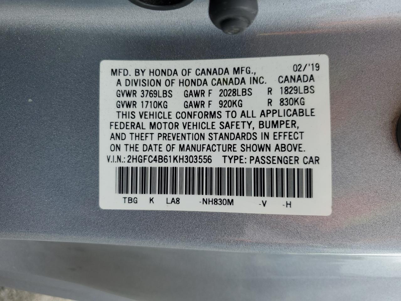 2019 Honda Civic Lx VIN: 2HGFC4B61KH303556 Lot: 82138705