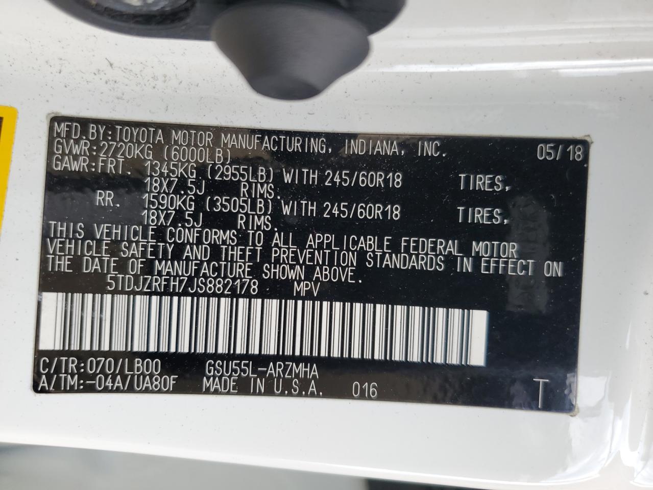 2018 Toyota Highlander Se VIN: 5TDJZRFH7JS882178 Lot: 71452635