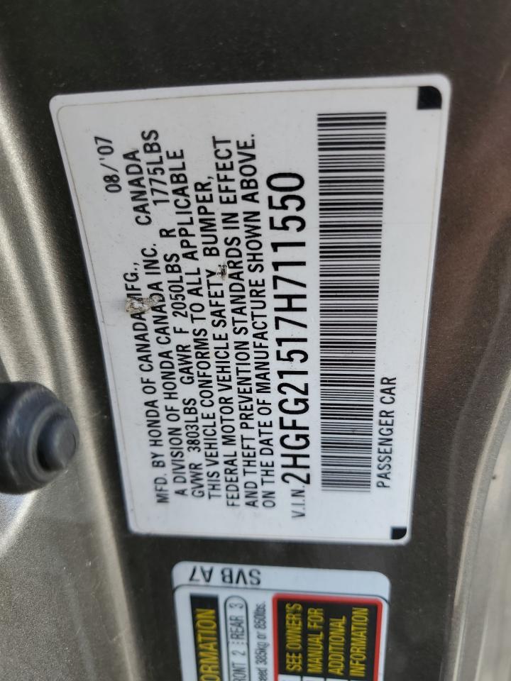 2007 Honda Civic Si VIN: 2HGFG21517H711550 Lot: 83835595