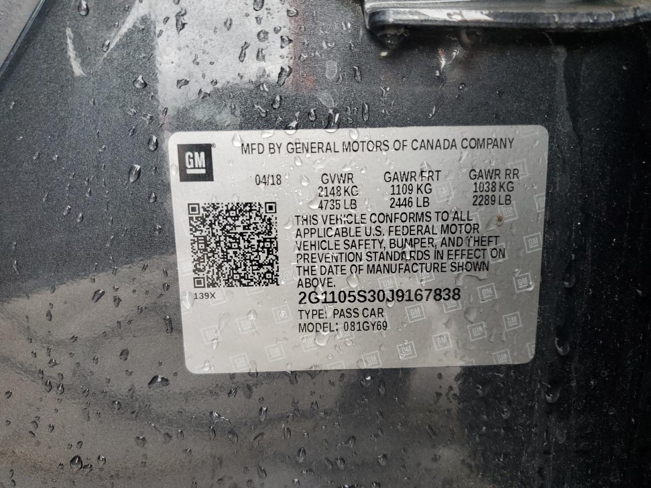 2018 Chevrolet Impala Lt VIN: 2G1105S30J9167838 Lot: 71996945