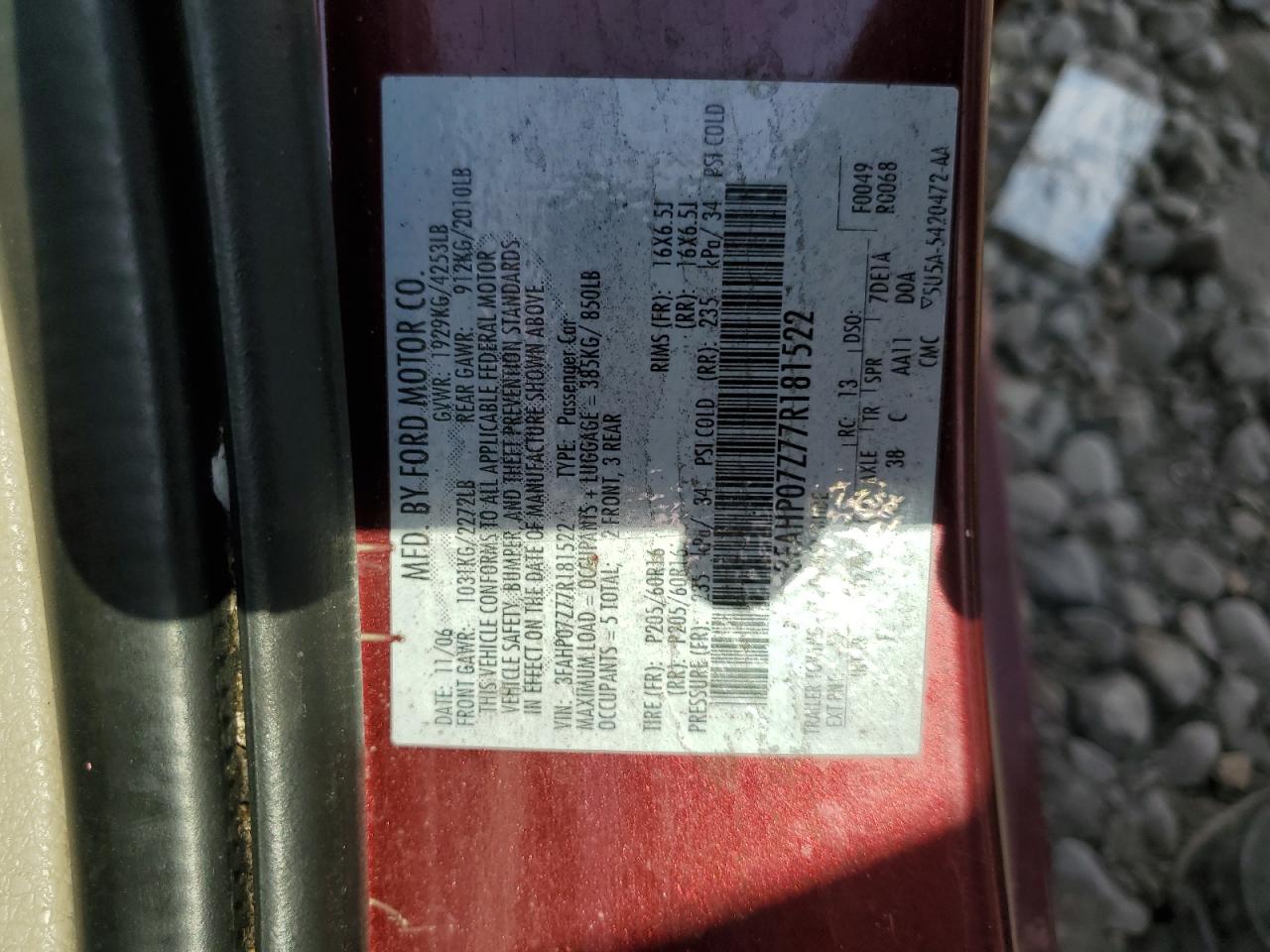 2007 Ford Fusion Se VIN: 3FAHP07Z77R181522 Lot: 72057825