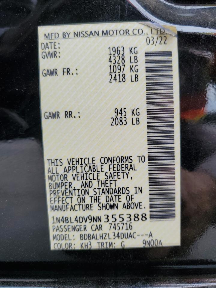 2022 Nissan Altima Sv VIN: 1N4BL4DV9NN355388 Lot: 81462105