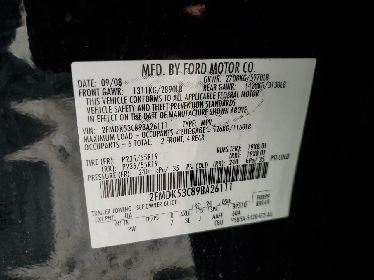 2009 Ford Flex Limited VIN: 2FMDK53C89BA26111 Lot: 84397525