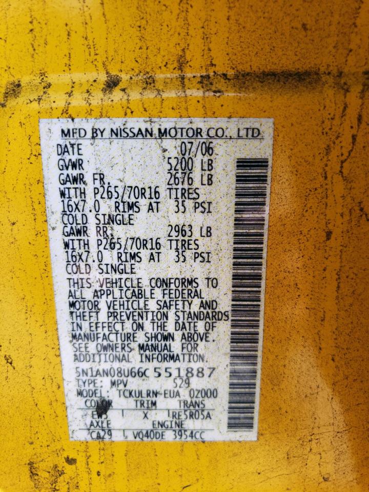 2006 Nissan Xterra Off Road VIN: 5N1AN08U66C551887 Lot: 80871385