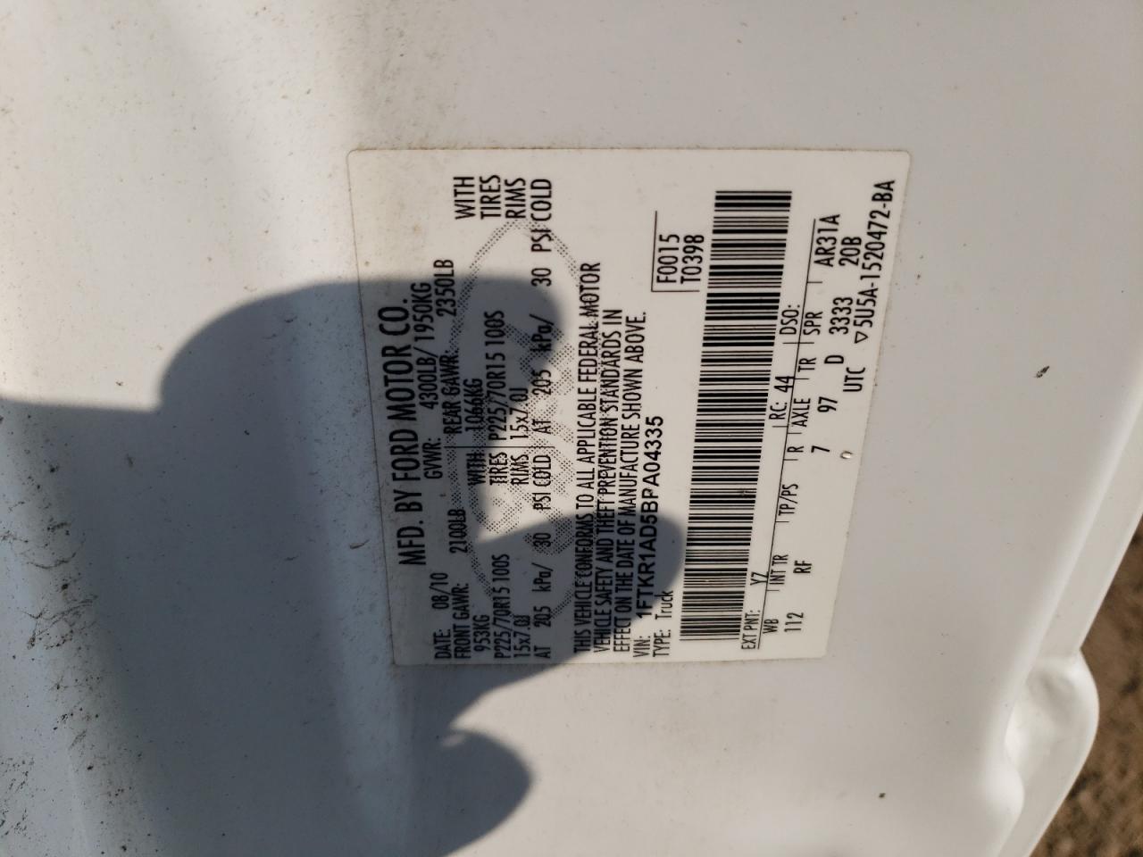 2011 Ford Ranger VIN: 1FTKR1AD5BPA04335 Lot: 80825535