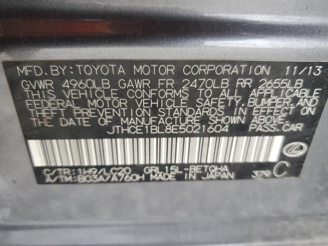 2014 Lexus Gs 350 VIN: JTHCE1BL8E5021604 Lot: 81755535