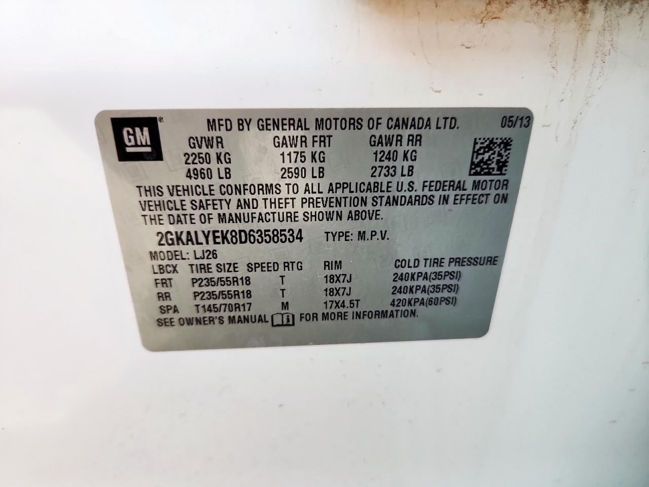 2013 GMC Terrain Denali VIN: 2GKALYEK8D6358534 Lot: 70946005